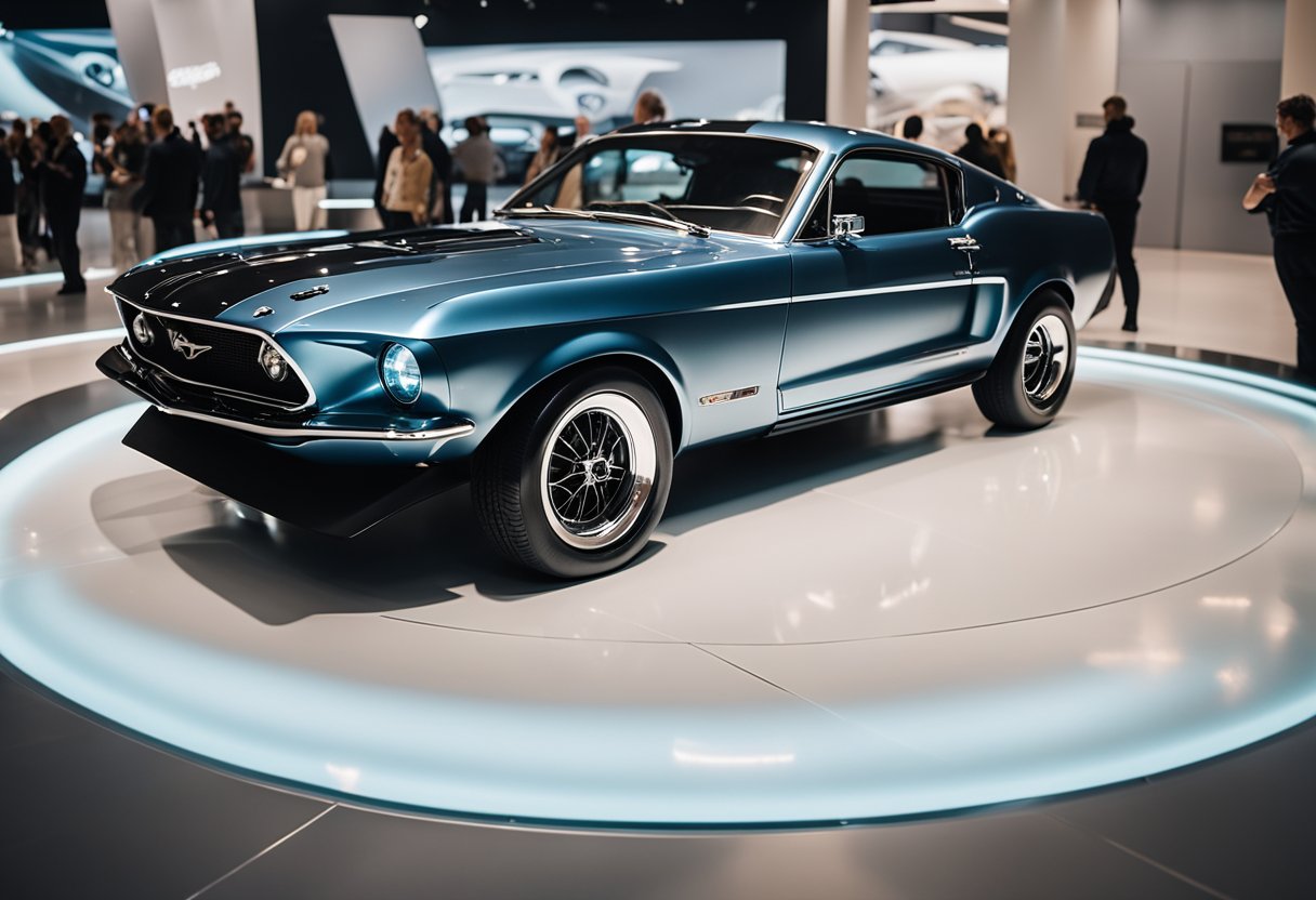 The Mustang Mach-E sits on display in a museum, surrounded by spotlights and admiring onlookers. Its sleek, futuristic design contrasts with vintage muscle car imagery