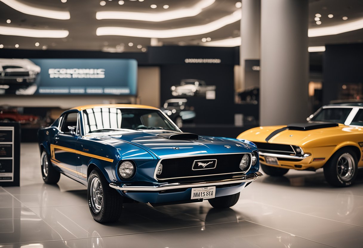 A Mustang Mach-E sits in a museum, surrounded by classic muscle cars. A sign reads "Economic Implications: From Muscle Car to Museum Piece."