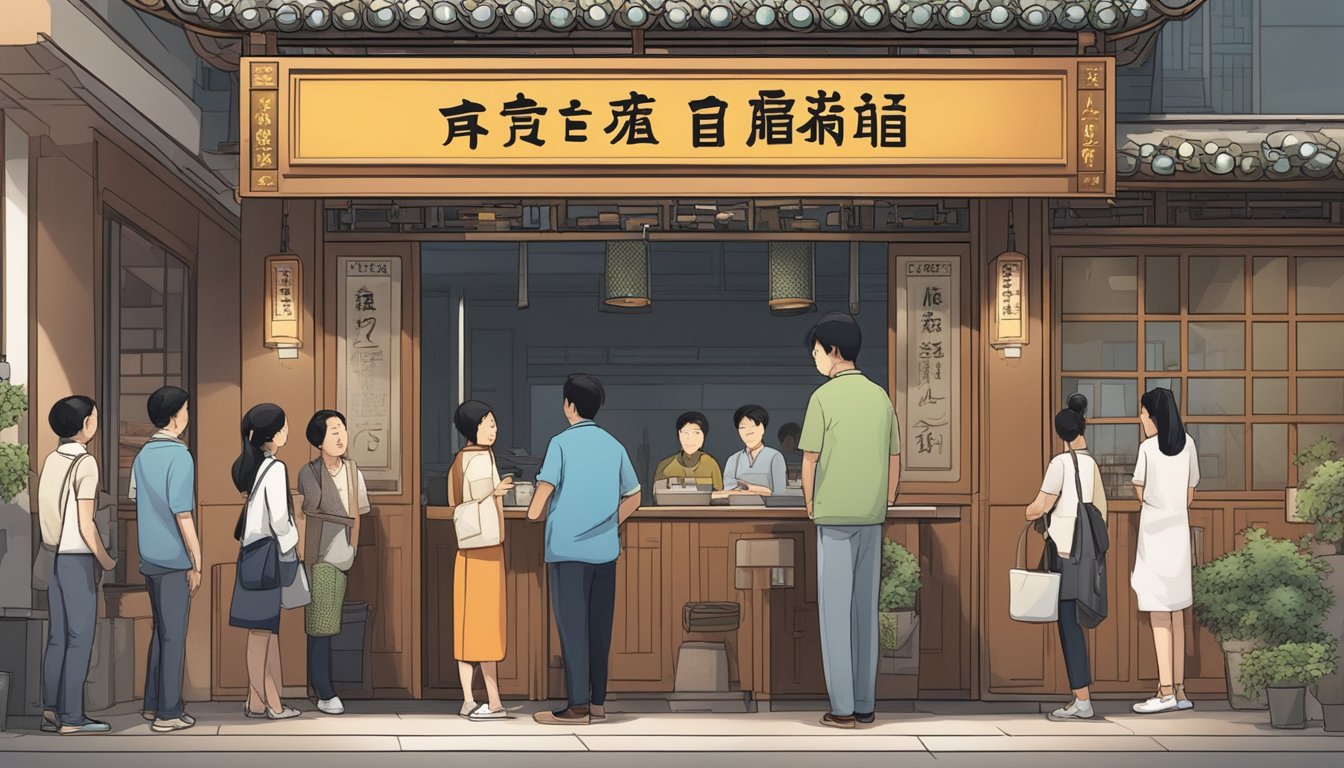 Customers line up at the entrance of the bustling Beijing restaurant, with a sign prominently displaying "Frequently Asked Questions" in hand