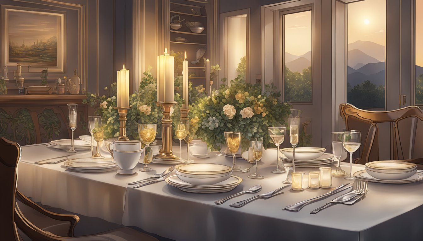 A table set with elegant dishes, surrounded by dim lighting and soft music, creating a cozy and intimate dining experience