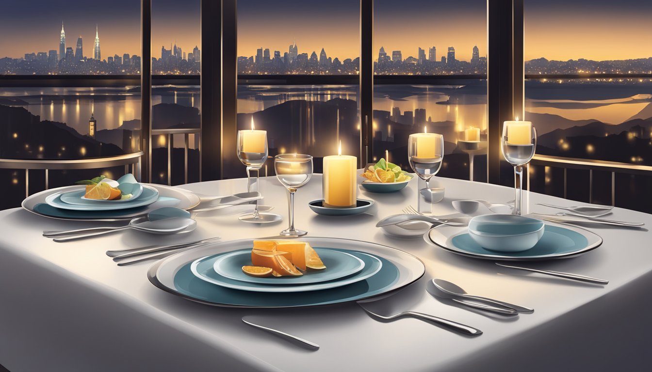 A table set with elegant dishware and flickering candles at Ember Restaurant, with a view of the city skyline through the window