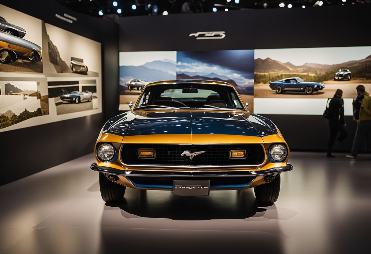 The Mustang Mach-E sits in a museum exhibit, surrounded by historical artifacts and informative panels. Visitors admire the transition from muscle car to electric vehicle