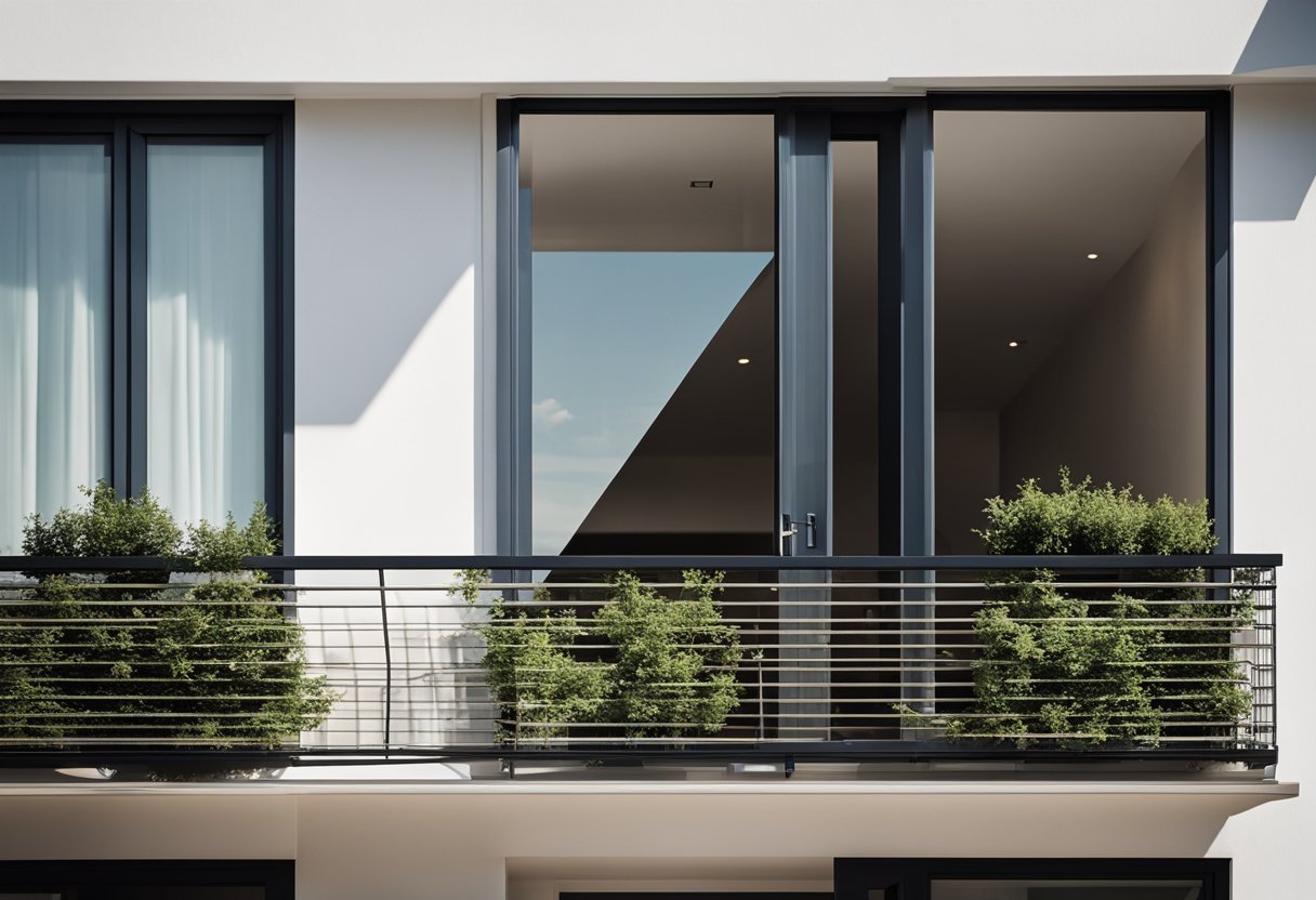 A balcony door and window with modern, sleek design, featuring clean lines and a minimalist aesthetic