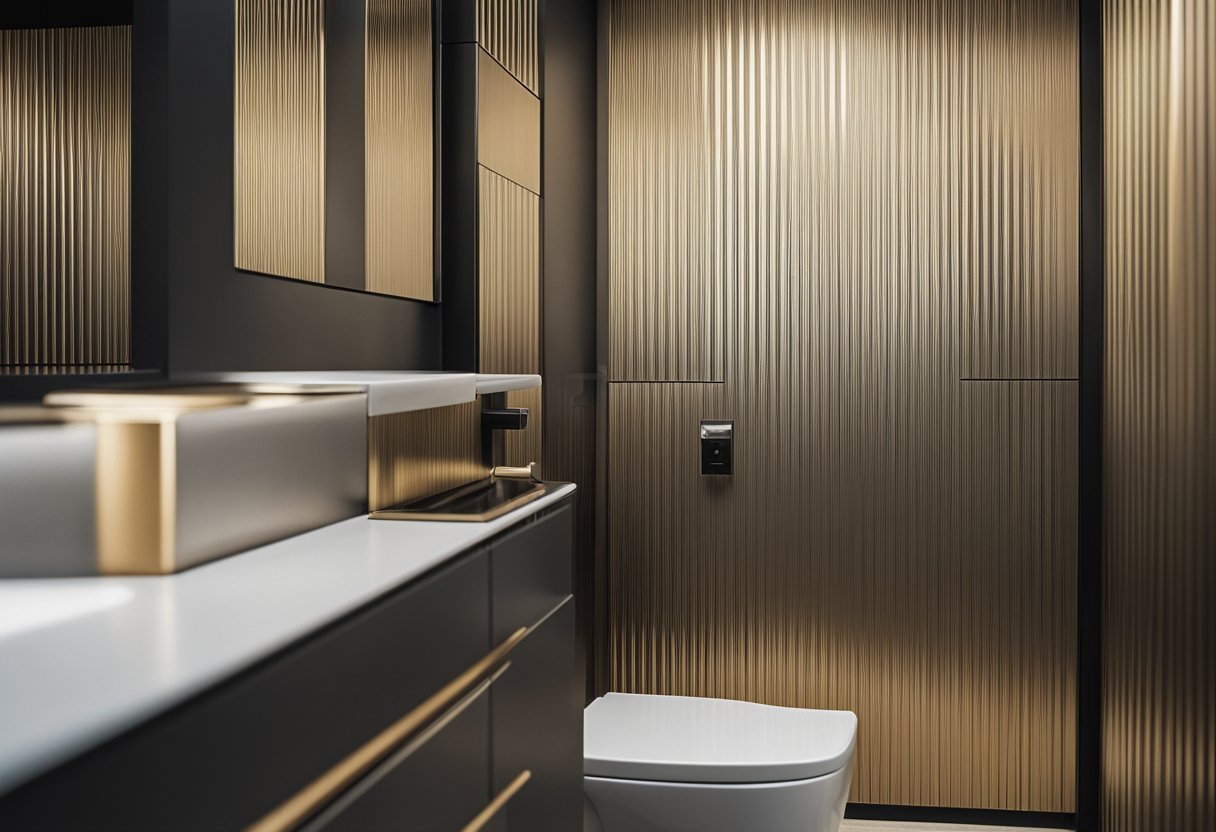 A modern, sleek toilet door design with geometric patterns and a metallic finish