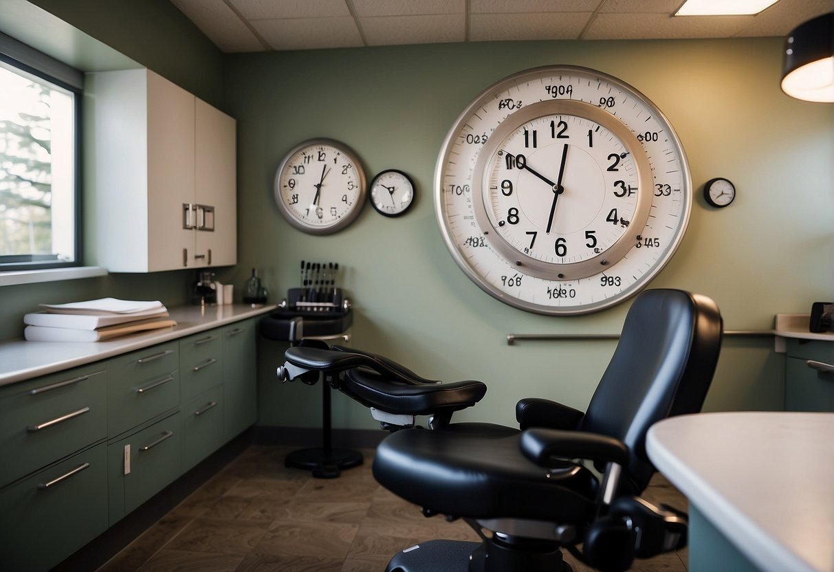 An eye exam chair with a chart, tools, and a clock on the wall