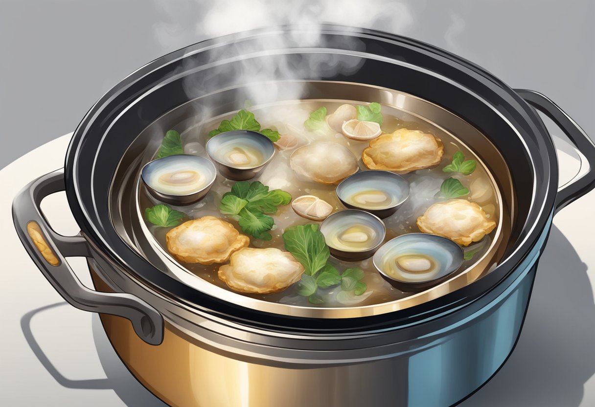 A pot simmers with abalone, soy sauce, ginger, and garlic. Steam rises as the rich, savory aroma fills the kitchen