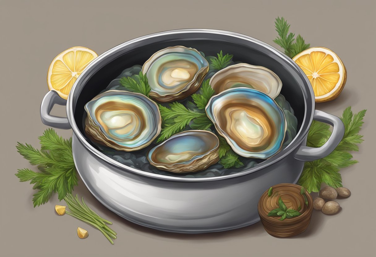 Abalone shells simmer in a pot with aromatic herbs and spices, creating a rich and flavorful sauce