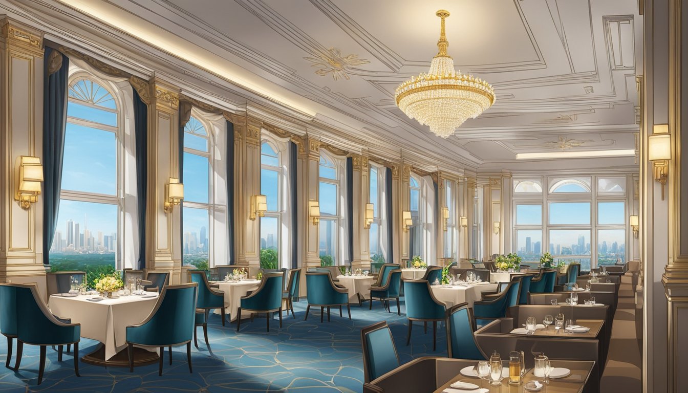 The elegant Fullerton Hotel restaurant features grand chandeliers and plush seating, with a view of the city skyline through large windows