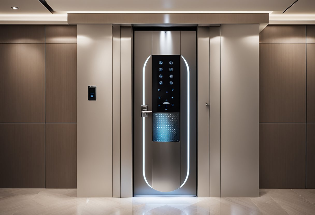 A modern, sleek HDB toilet door with a digital touchpad lock, motion sensor opening, and stylish metallic finish