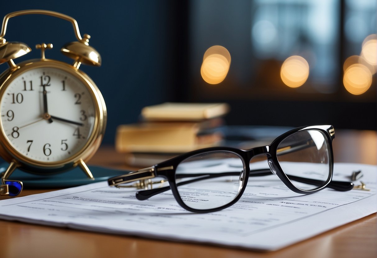 A pair of glasses laid on a desk, next to a clock showing the time. A paper with eye exam results and a pen nearby. A thought bubble with question marks above the glasses