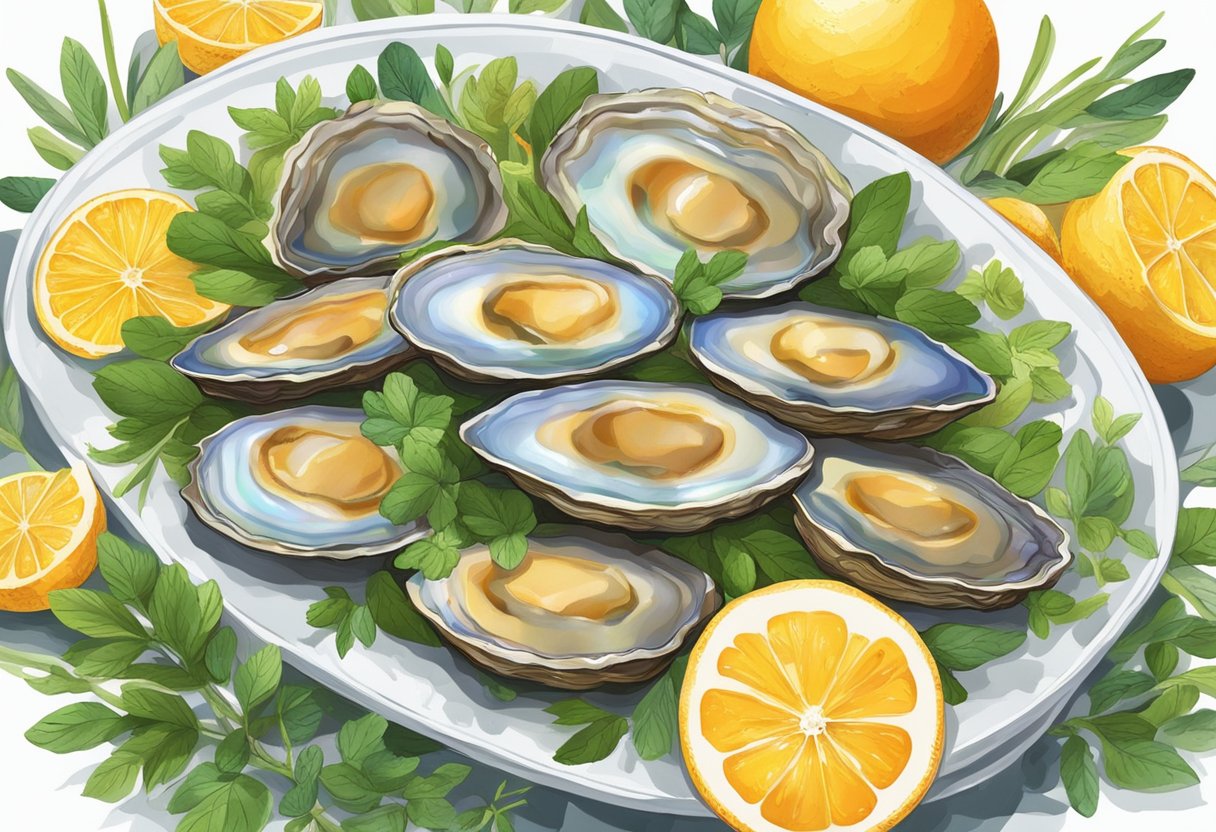 A platter of freshly cooked abalone drizzled with savory sauce, surrounded by vibrant herbs and citrus slices