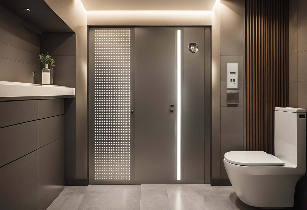 The HDB toilet door features sleek aesthetic lines and functional details, with a modern handle and frosted glass panel for privacy