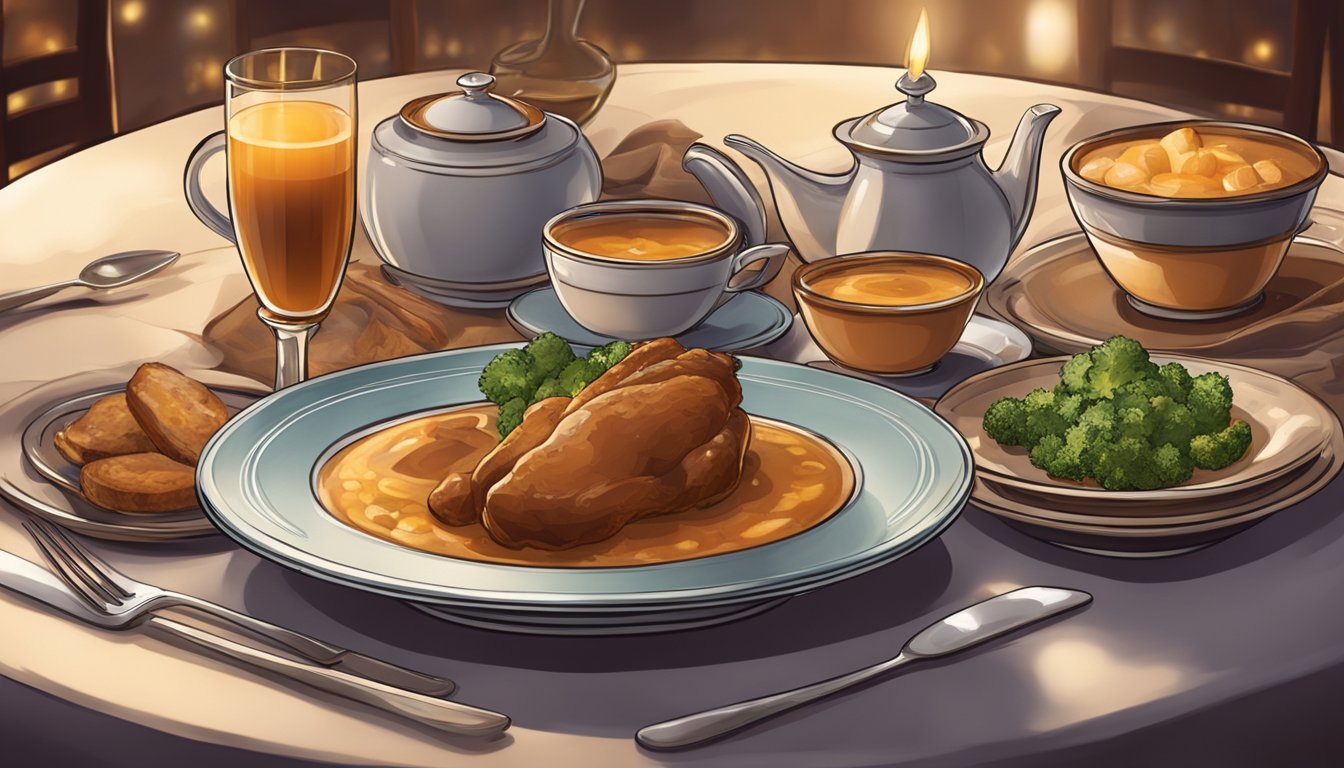 A table set with elegant dinnerware, surrounded by warm lighting and a cozy ambiance, with a steaming bowl of rich, savory gravy as the centerpiece