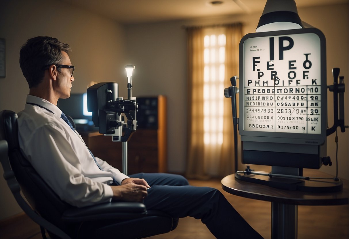 A person sitting in a chair, looking at an eye chart while an optometrist shines a light into their eyes. Instruments and equipment are visible in the room