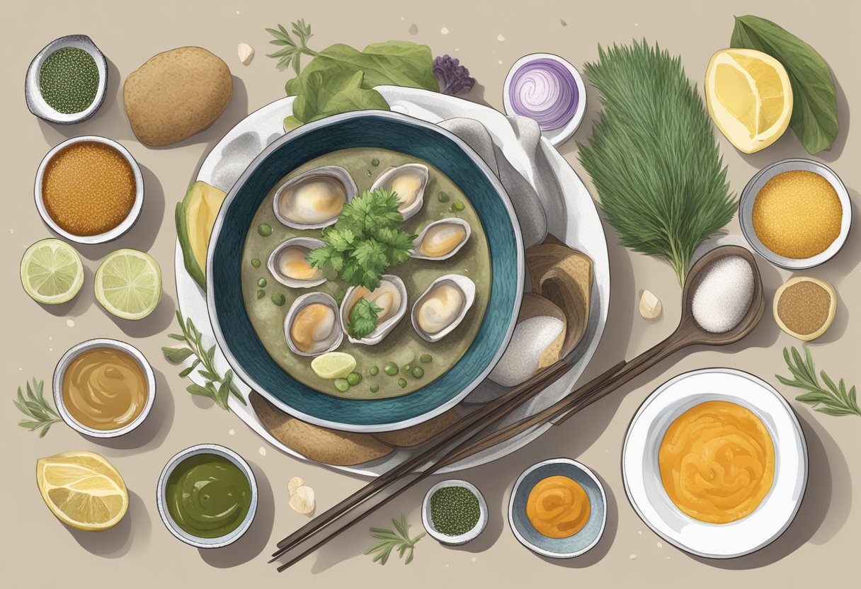 A bowl of abalone sauce surrounded by ingredients and a recipe card