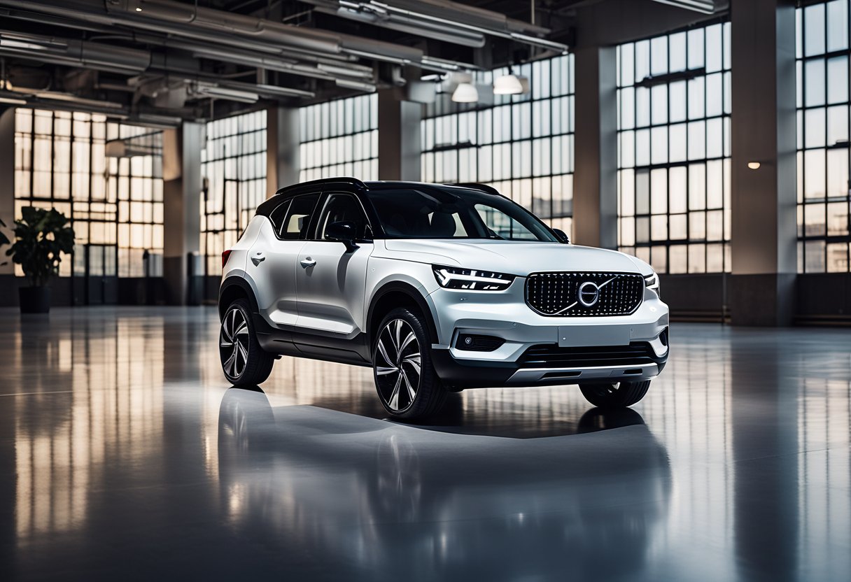 The XC40 Recharge sits on a pedestal, surrounded by minimalist Nordic design elements. The car's sleek lines and bold colors make it a striking piece of art