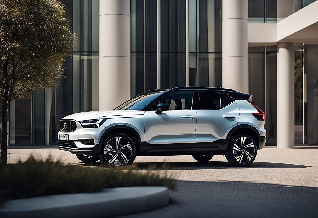 A sleek XC40 Recharge parked in a minimalist Scandinavian setting, surrounded by clean lines and natural elements, evoking a sense of modern Nordic art