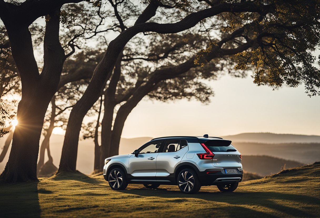 The XC40 Recharge stands majestically in a minimalist, natural setting. Its sleek, sculptural form exudes Scandinavian elegance, with clean lines and a sense of harmony with its surroundings