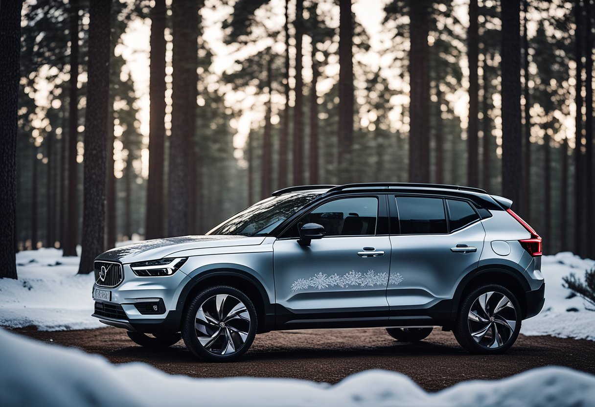 A sleek XC40 Recharge parked amidst snow-covered pine trees, with intricate Nordic carvings adorning its exterior, evoking the cultural significance of Scandinavian craftsmanship