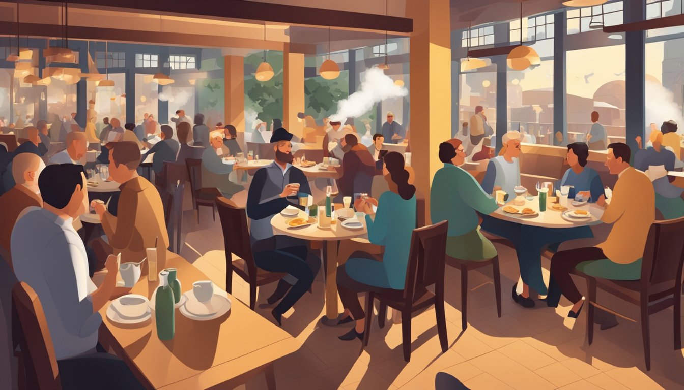 A bustling restaurant with steaming plates and clinking glasses, patrons chatting and laughing in a warm, inviting atmosphere