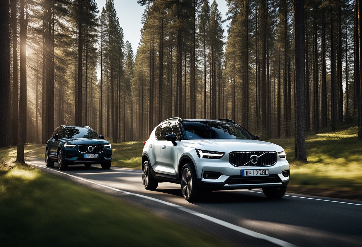 A sleek XC40 Recharge drives through a serene Scandinavian landscape, with rolling hills and tall pine trees. The car's clean lines and modern design stand out against the natural beauty, creating a striking contrast