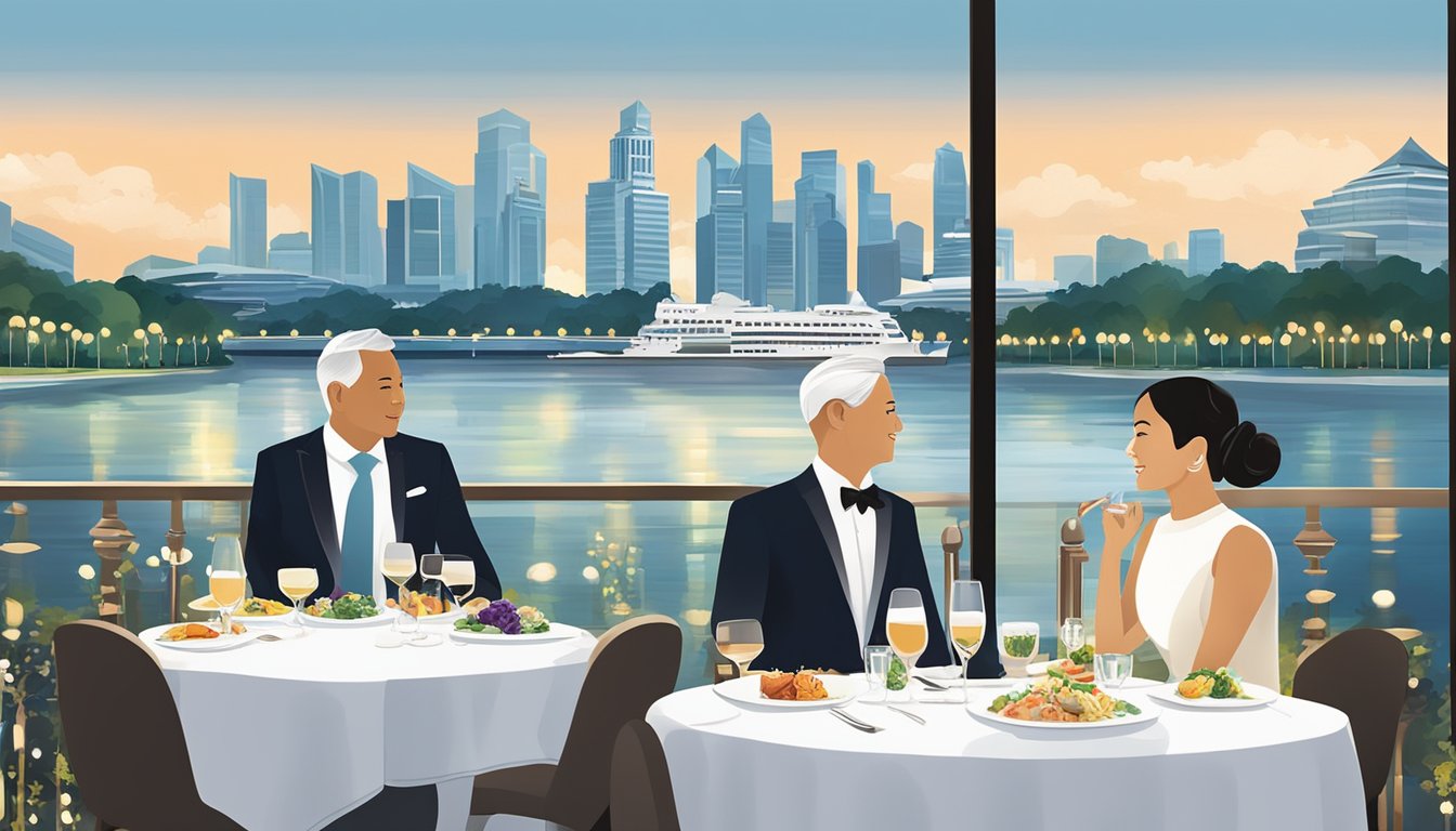 Guests enjoying gourmet meals at Fullerton Hotel's elegant restaurant, with a view of the city skyline and the tranquil waters of the Singapore River