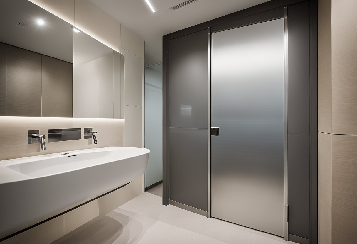 A modern HDB toilet door with sleek, minimalist design, featuring a frosted glass panel and a sleek, brushed metal handle