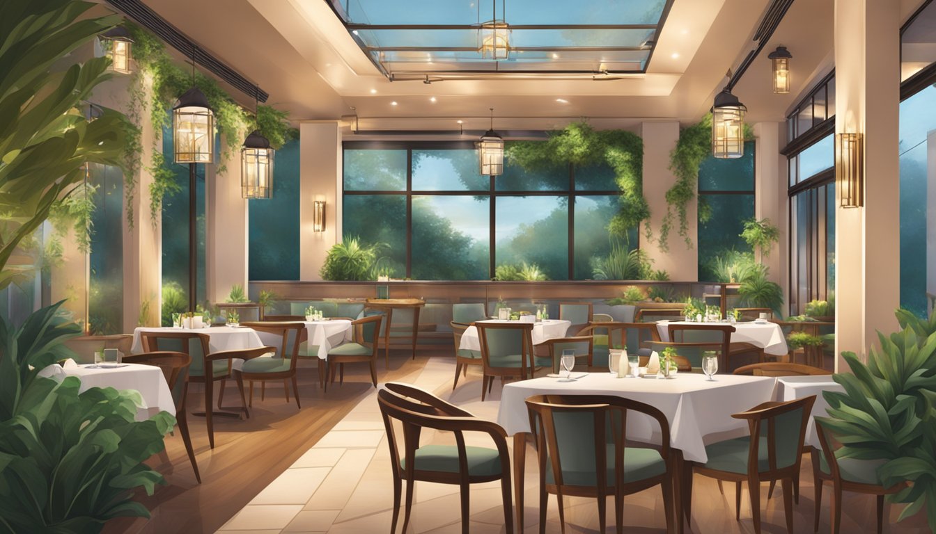The elegant Halia restaurant glows with warm lighting, showcasing modern decor and lush greenery. Diners enjoy a serene ambiance and stunning views of the surrounding nature