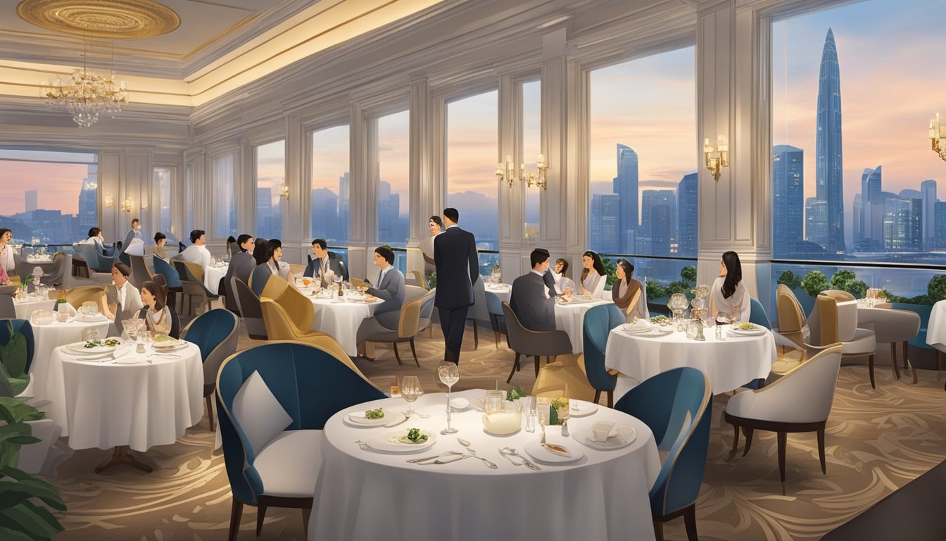 Guests enjoy a luxurious dining experience at Fullerton Hotel restaurant, with elegant decor and a panoramic view of the city skyline