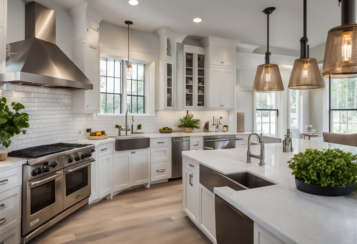 An open-concept American kitchen with a large island, stainless steel appliances, and white shaker cabinets. A farmhouse sink and subway tile backsplash complete the modern yet classic look