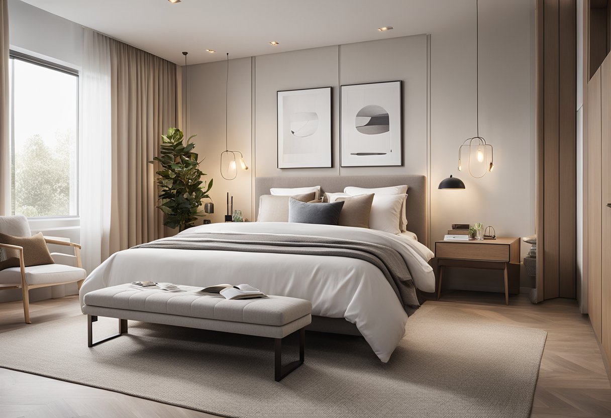 A bright, modern bedroom with a cozy reading nook and a sleek, minimalist design. A neutral color palette with pops of vibrant accents creates a warm and inviting space