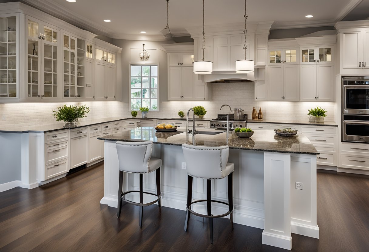 A spacious American kitchen with granite countertops, stainless steel appliances, and a large island with pendant lighting. White cabinetry and hardwood floors complete the modern design