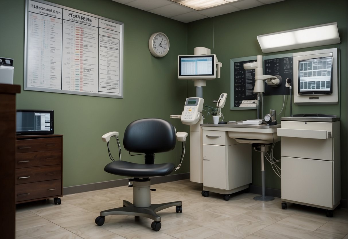 An eye exam room with a chart on the wall, a chair for the patient, and various equipment for testing vision