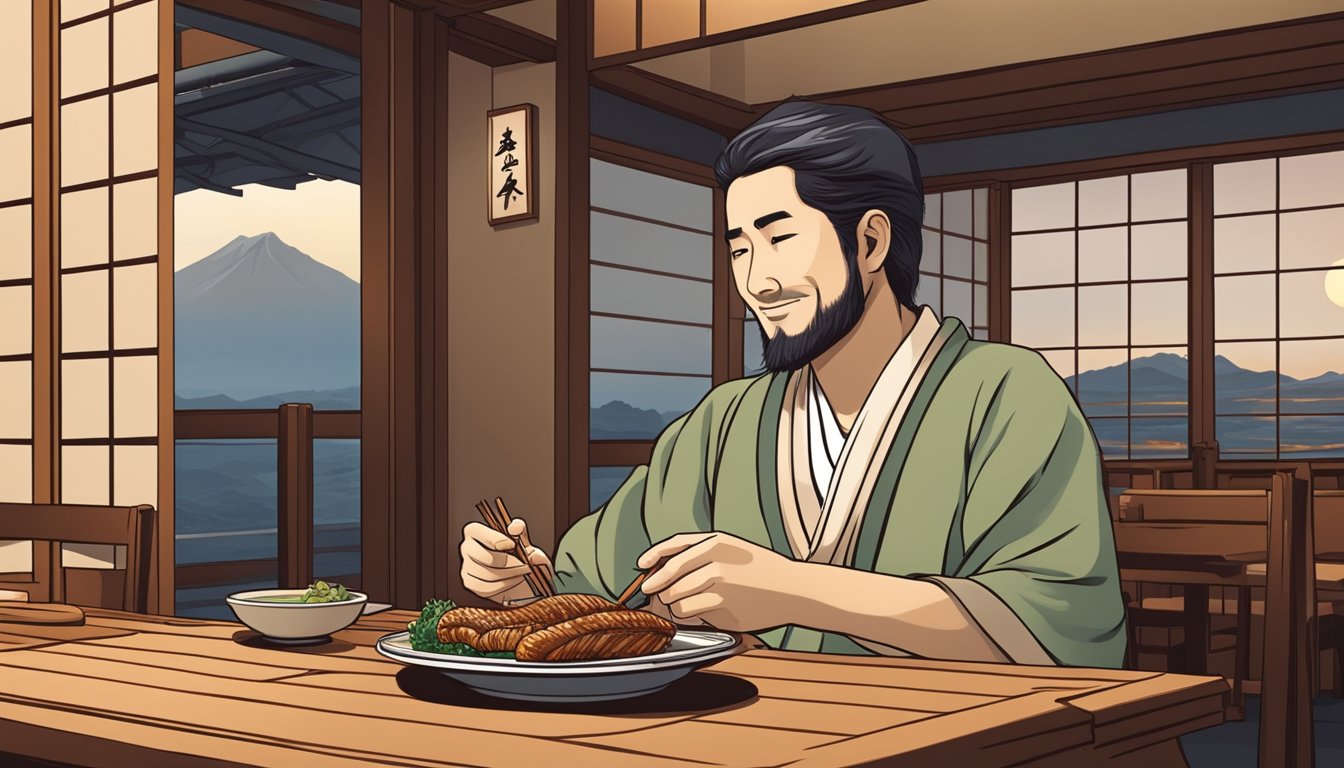 A man enjoys traditional Japanese unagi in a cozy restaurant setting