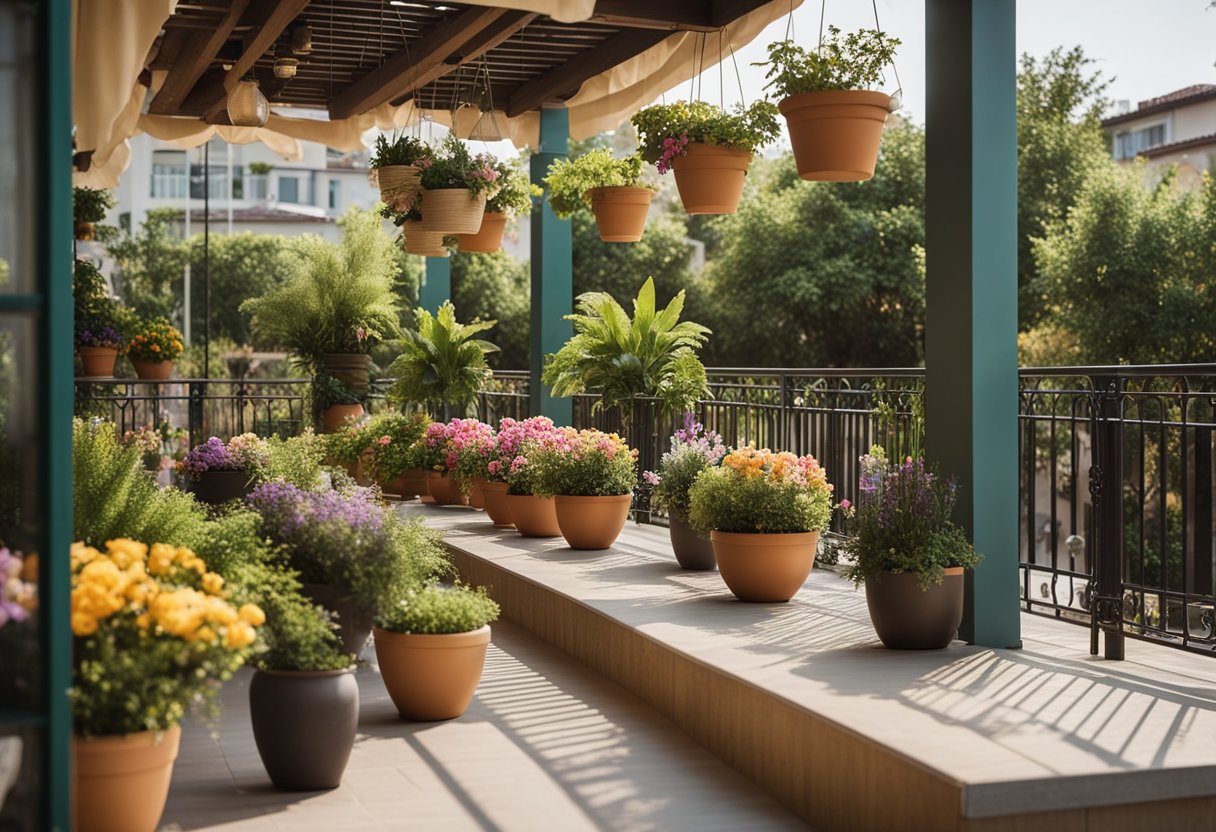 A spacious balcony overlooks a lush garden with a variety of vibrant flowers, a small fountain, and comfortable seating areas. The design includes potted plants, hanging baskets, and a wooden trellis