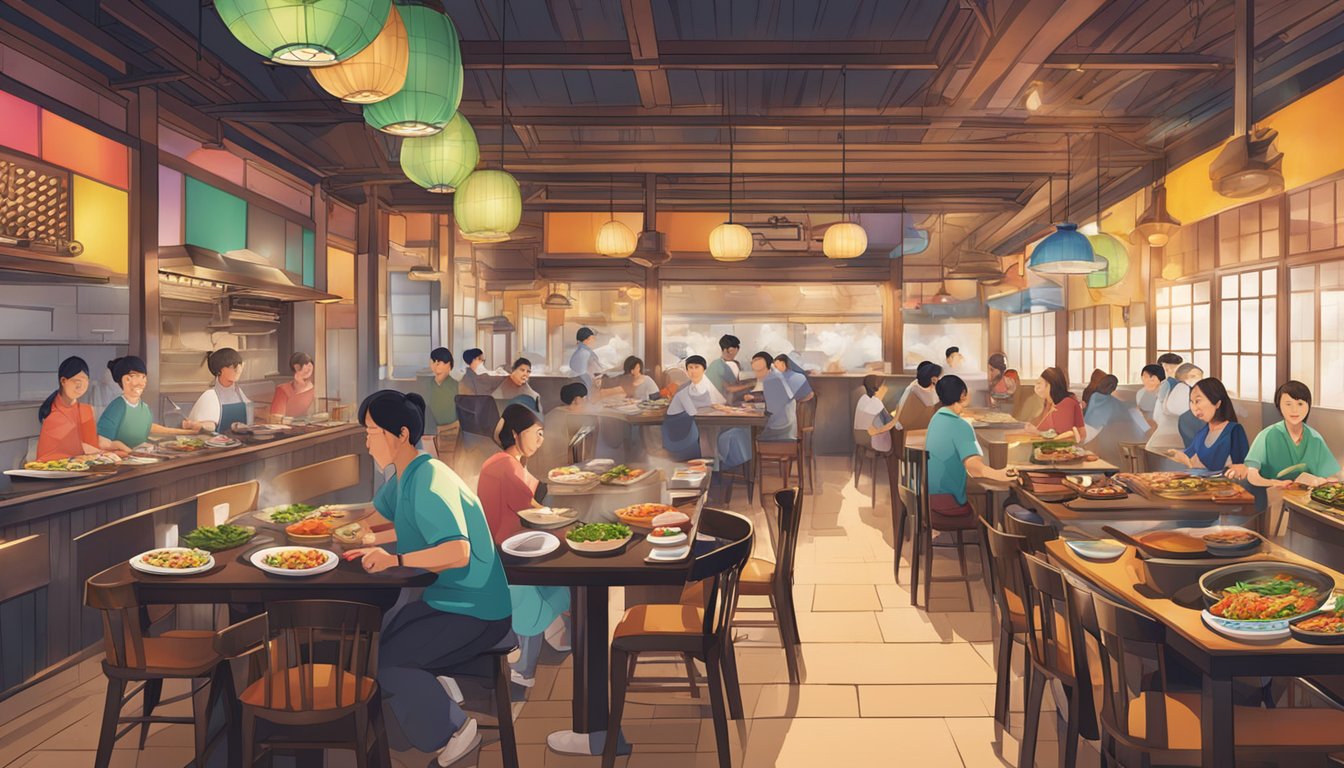 A bustling Korean restaurant with colorful decor, steaming hot pots, sizzling BBQ grills, and servers rushing between tables