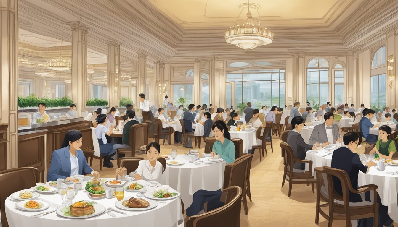 The bustling restaurant at Fullerton Hotel, with guests enjoying their meals and the staff attending to their needs