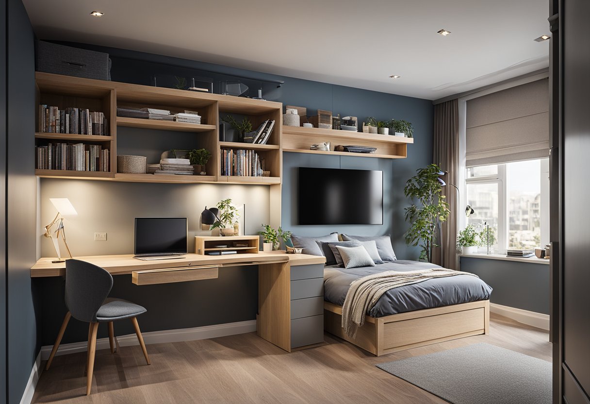 A small bedroom with a loft bed, built-in storage, and a fold-down desk. A wall-mounted TV and floating shelves maximize space
