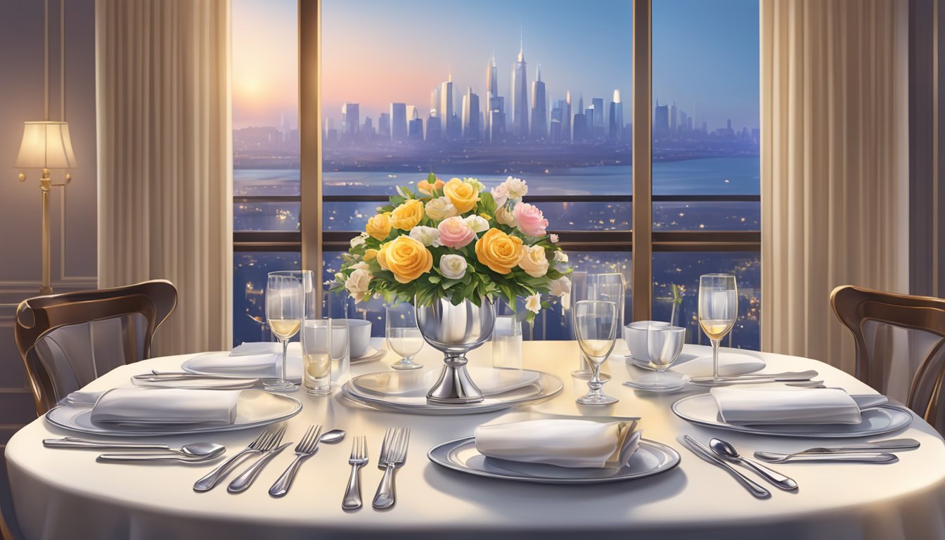 A table set with elegant silverware, fine china, and a centerpiece of fresh flowers. Soft lighting and a view of the city skyline through the restaurant's windows