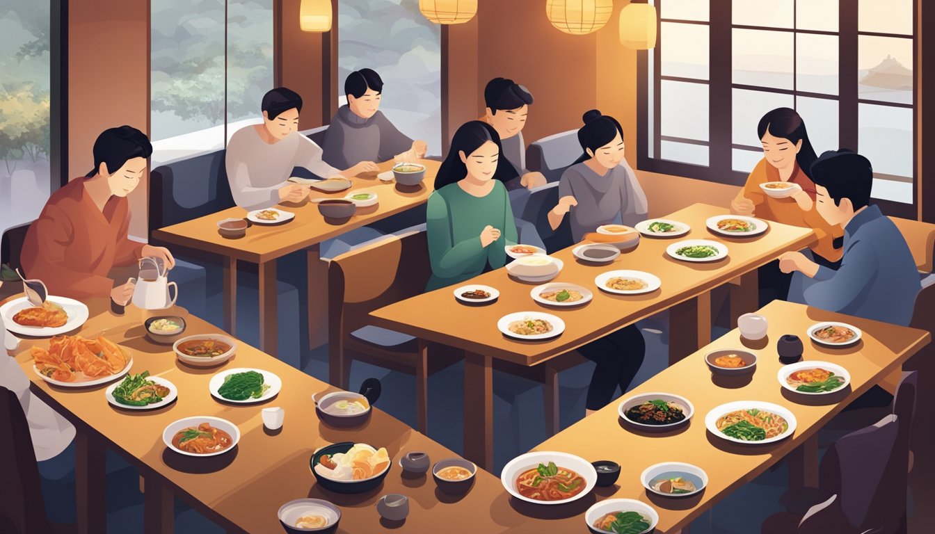 Customers enjoying a variety of traditional Korean dishes in a modern, sleek restaurant setting with warm lighting and cozy seating