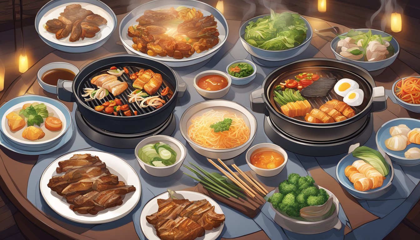 A table set with an array of Korean dishes, steam rising from a sizzling grill, and the warm glow of lanterns casting a cozy ambiance