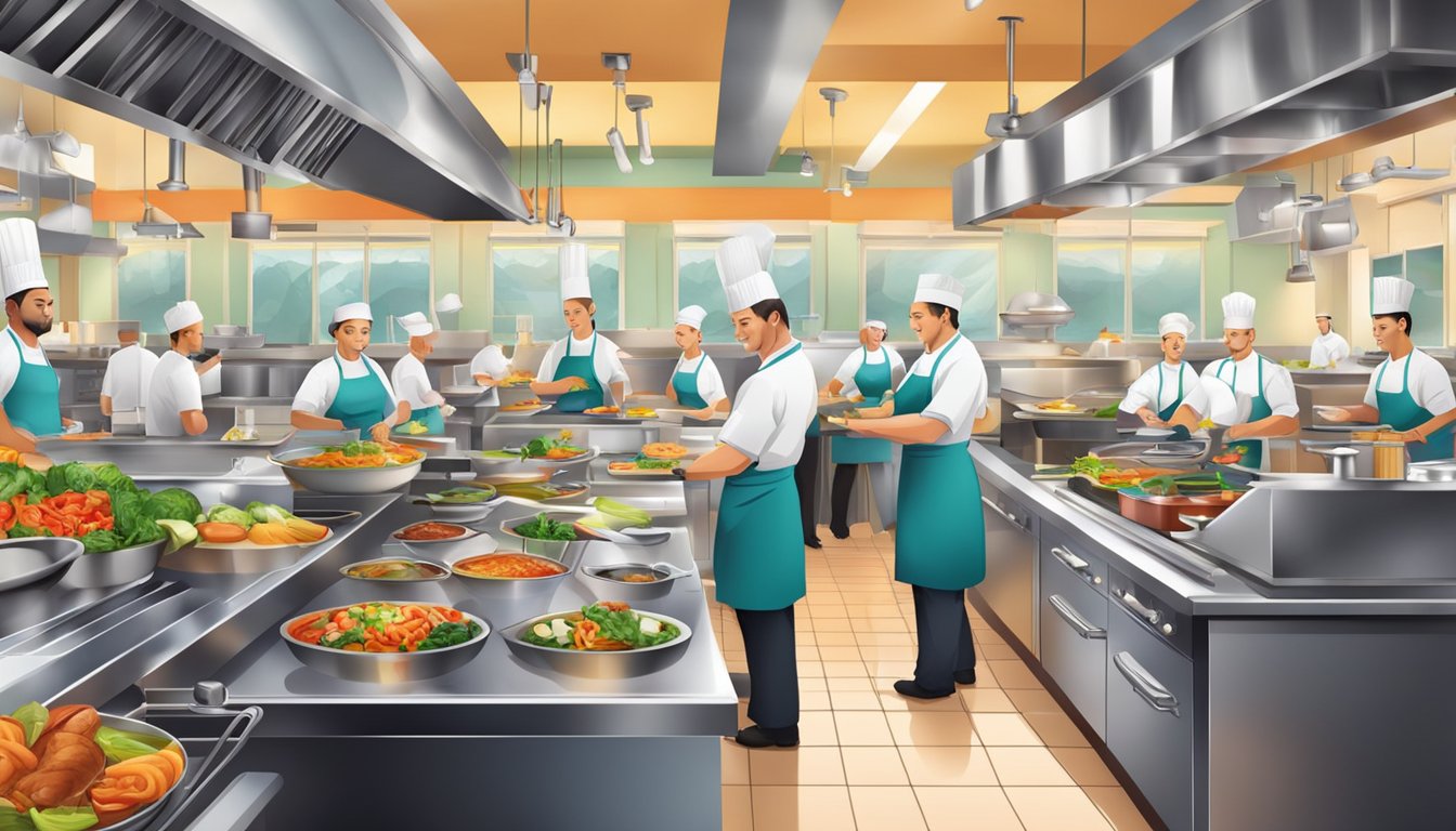 A bustling restaurant kitchen with chefs preparing vibrant dishes and a display of colorful menu highlights