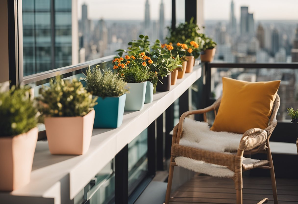 A small balcony with colorful potted plants, hanging baskets, and cozy seating area overlooking a city skyline