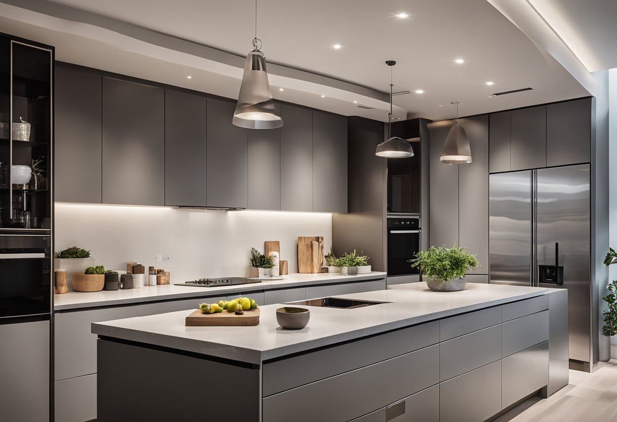 A modern dry kitchen cabinet design with sleek, handle-less doors and a minimalist color scheme. Glass panels and integrated lighting add a touch of elegance