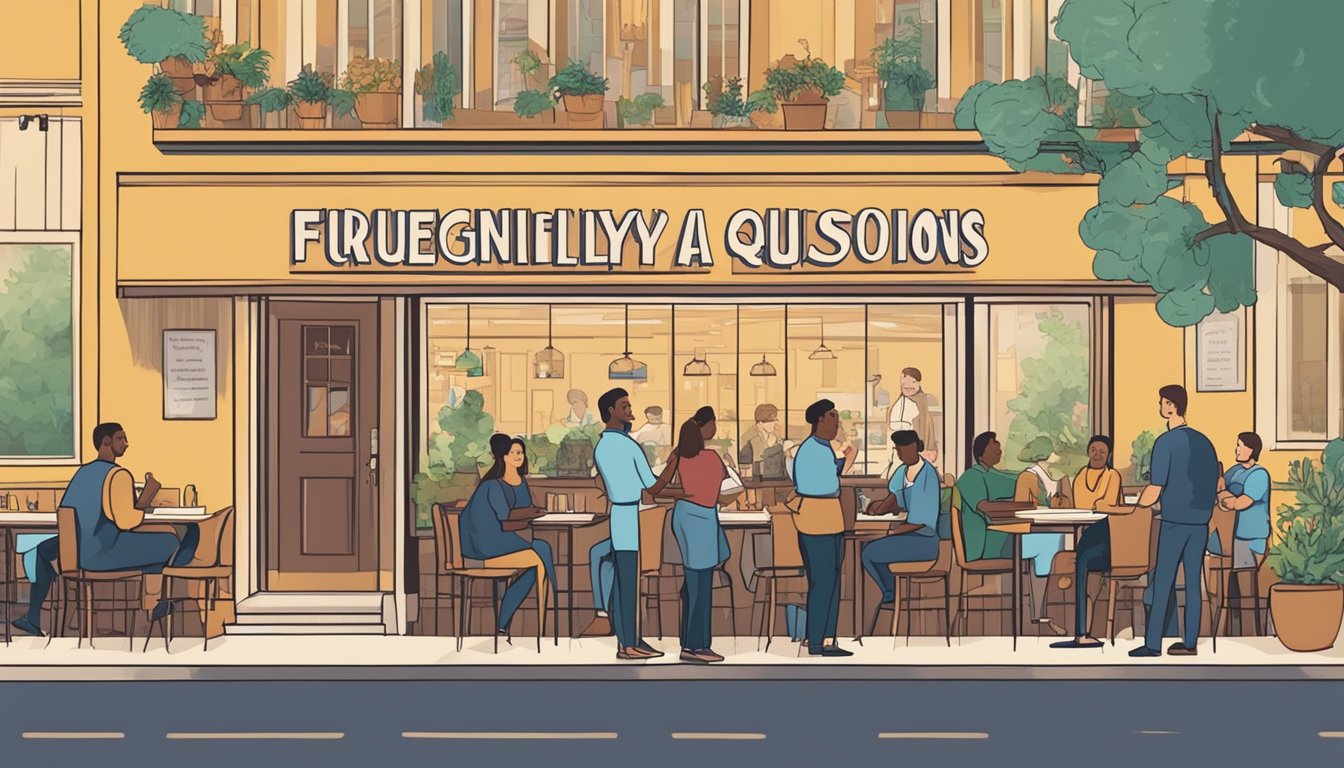 A busy restaurant with customers at tables, waitstaff serving food, and a sign reading "Frequently Asked Questions" at the entrance