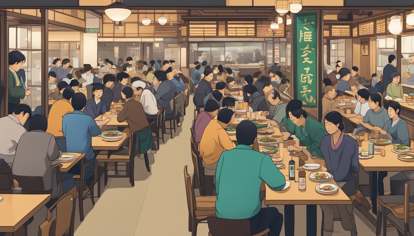 A bustling Japanese unagi restaurant with a sign reading "Frequently Asked Questions" and a crowd of patrons enjoying their meals