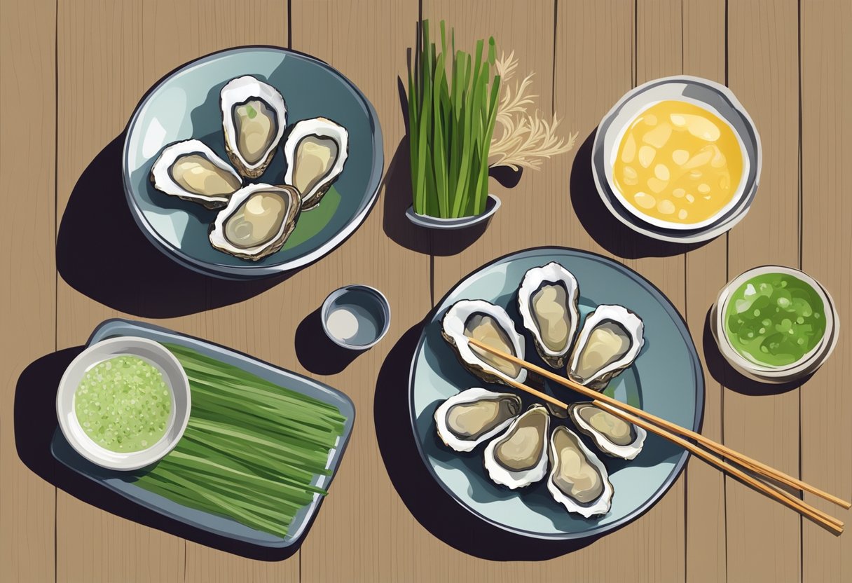 A wooden table with fresh oysters, sliced green onions, grated ginger, and soy sauce. A pair of chopsticks rests beside a small dish of wasabi