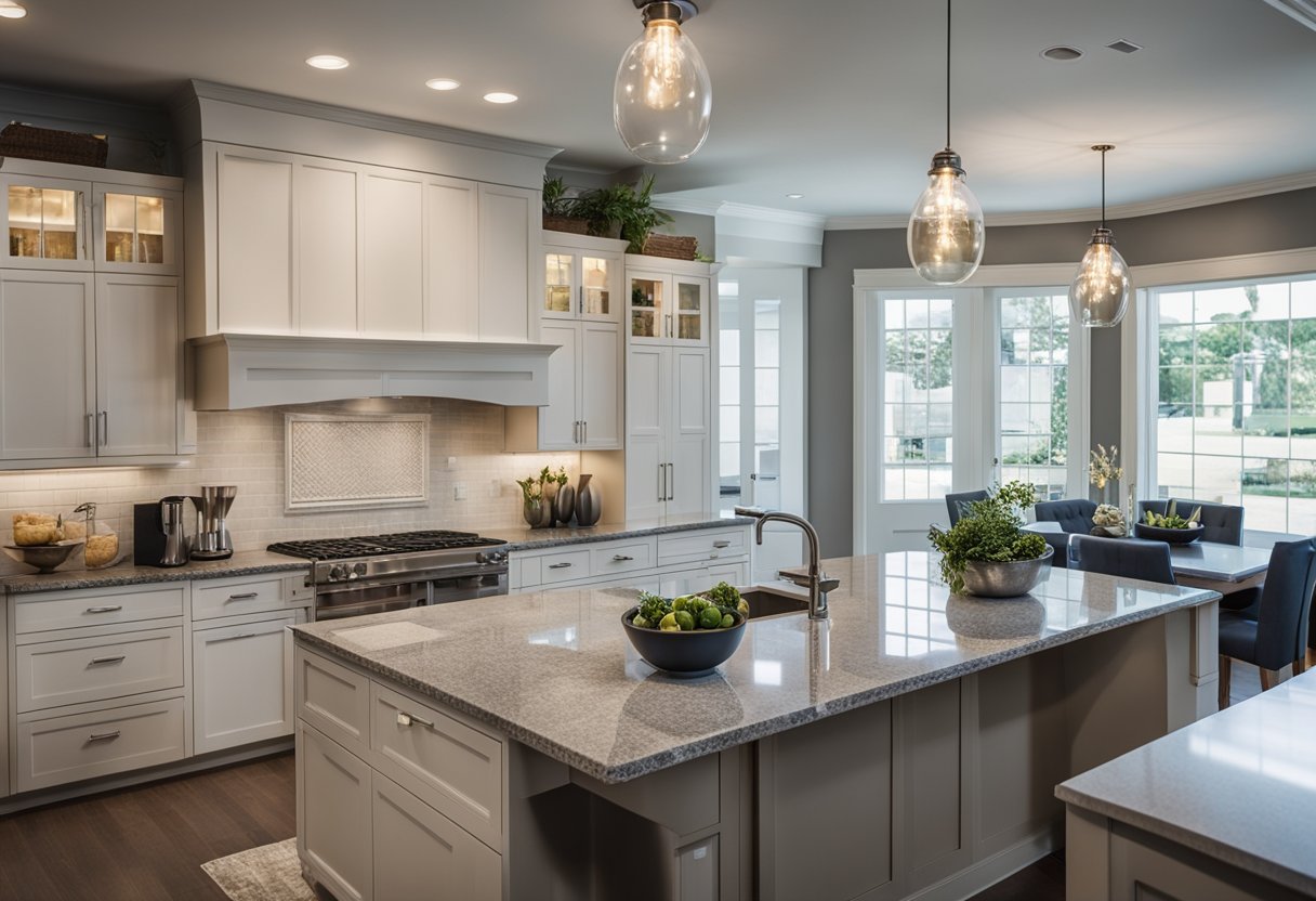 A modern American kitchen with sleek cabinets, granite countertops, stainless steel appliances, and a spacious island for gathering and meal preparation