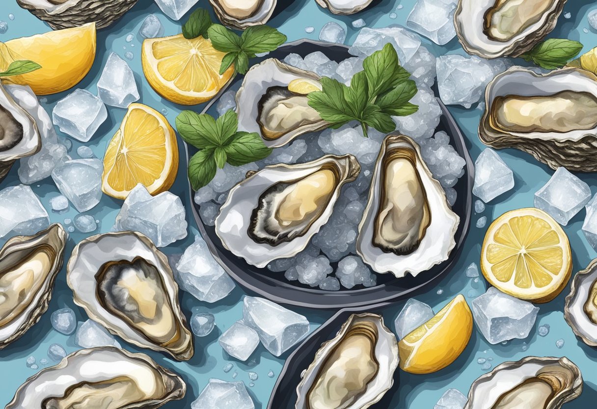 Oysters being shucked and arranged on a bed of ice with garnishes