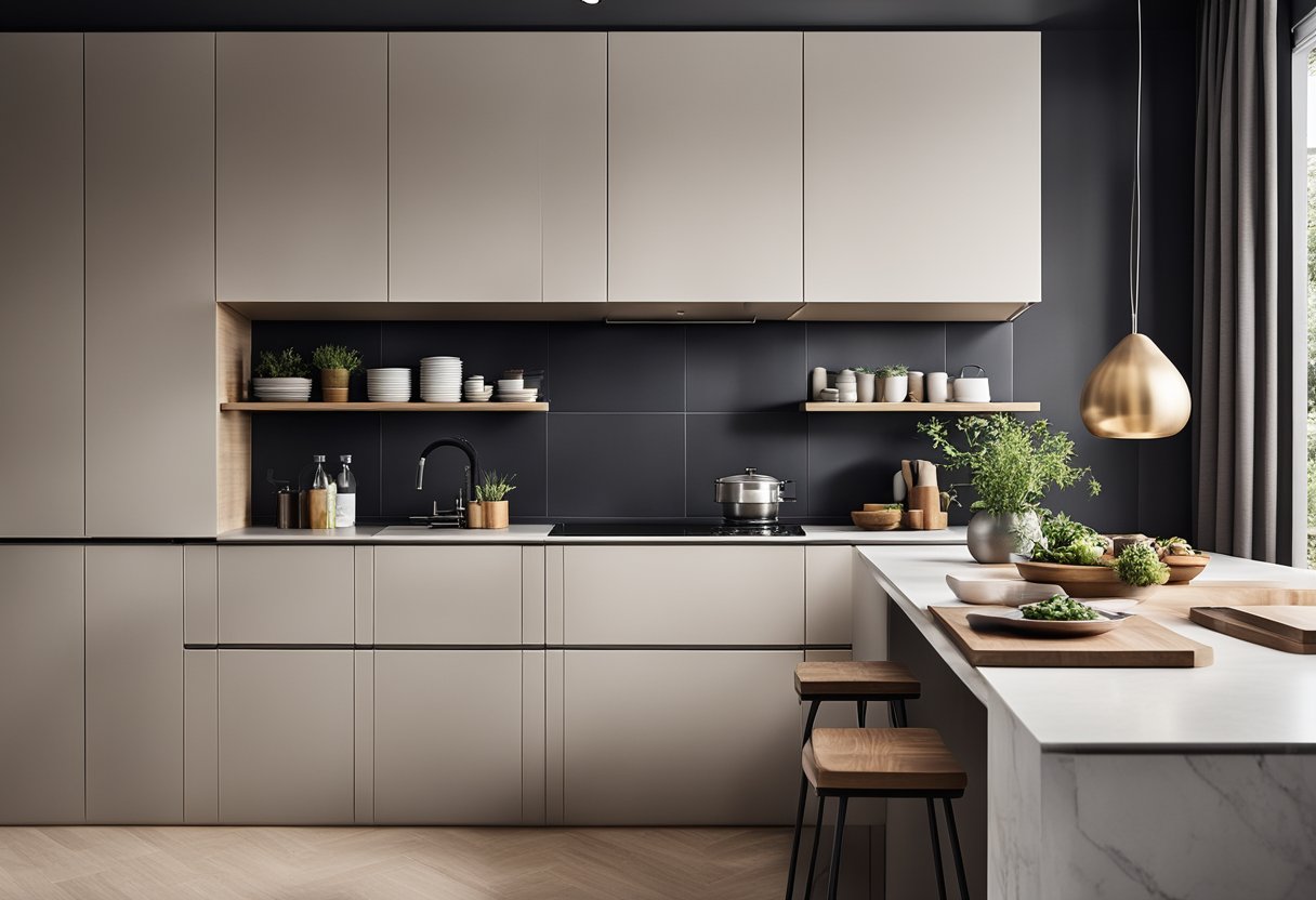 A modern kitchen with sleek, minimalist cabinets, integrated appliances, and ample storage space. Clean lines and neutral colors create a contemporary, functional design